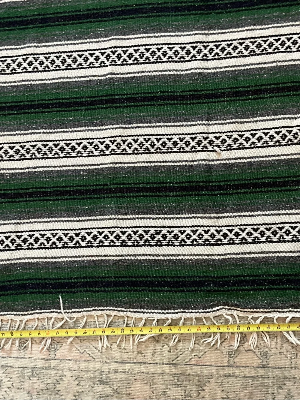 Mexican Serape Throw Blanket Woven Striped Green Black White with Fringe